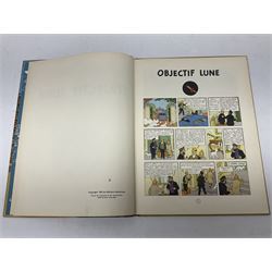 Twenty one first edition Herge, 'The Adventures of Tin Tin' books published by Casterman Bruxelles, with French text and coloured comic strip illustrations throughout; comprising Tintin Au Congo 1946, Tintin En Amerique 1946, Les Cigares du Pharaon 1955, Le Lotus Bleu 1946, L'Oreille Cassee 1943, L'ile Noire 1943, Le Sceptre d O'ttokar 1947, Le Crabe Aux Pinces D'or 1943, L'Etoile Mysterieuse 1942, Le Secret de la Licorne 1943, Le Tresors de Rackan Le Rouge 1945, Les 7 Boules de Cristal 1948, Le Temple du Soleil 1949, Au Pays de L'Or Noir 1950, Objectif Lune 1953, On a Marche sur la Lune 1954, L'Affaire Tournesol 1956, Coke en Stock 1958, Tintin au Tibet 1960, Les Bijous de la Castafiore 1963 and Vol 714 Pour Sydney 1968
