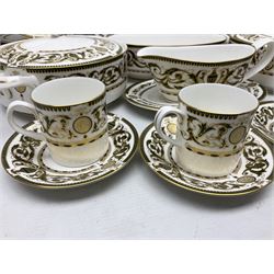 Royal Worcester Windsor pattern part tea and dinner service, comprising nine dinner plates, nine side plates, nine dessert plates, six coffee cans and saucers, sauce boat and plate, two covered tureens, oval dish and serving platter (35)