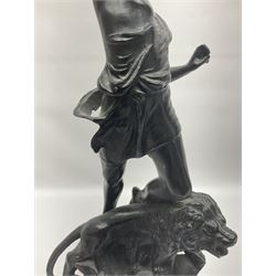 Pair of spelter figures, Le Force and Le Pouvoir, modeled as figures standing on lions, arms held aloft, H51cm 