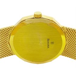 Royama gentleman's 18ct gold manual wind wristwatch, blue dial, with baton hour markers and Saudi Arabian coat of arms, Helvetia hallmark, on integral 18ct gold bracelet, stamped 750