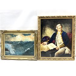 Harry Wilkinson (British 20th century): 'Captain James Cook', oil on board signed and dated 1977 together with S Sparke (British 20th century): Ships in Stormy Seas, oil on canvas signed max 49cm x 40cm (2)