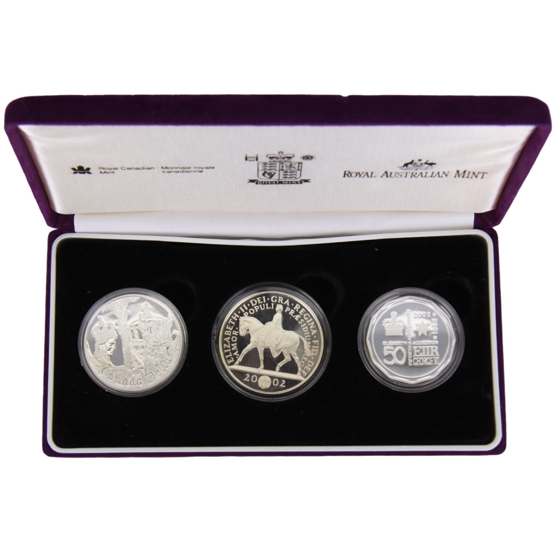 Queen Elizabeth II 2002 'The Accession Set' comprising United Kingdom five pounds,  Canada one Dollar and Australia fifty cents, cased with certificate