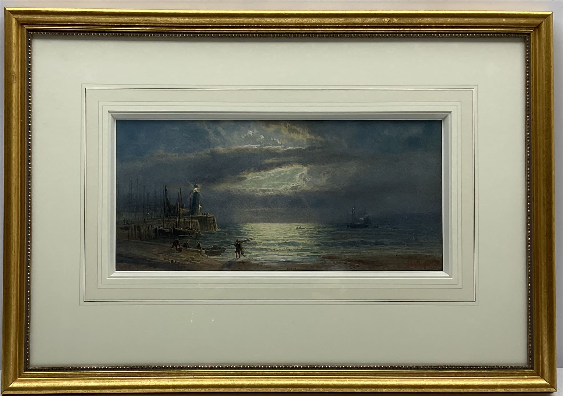 John Mogford (British 1821-1885): 'Scarborough Pier by Moonlight', watercolour signed and dated 1866, original title label and artist's address verso 16cm x 34cm
Notes: Mogford painted another watercolour of Scarborough in 1866 sold Sotheby's Bond Street 29th November 2000, Lot 75