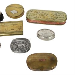 Collection of tobacco boxes and similar, including brass examples, together with match holder with silver collar, ashtray etc  