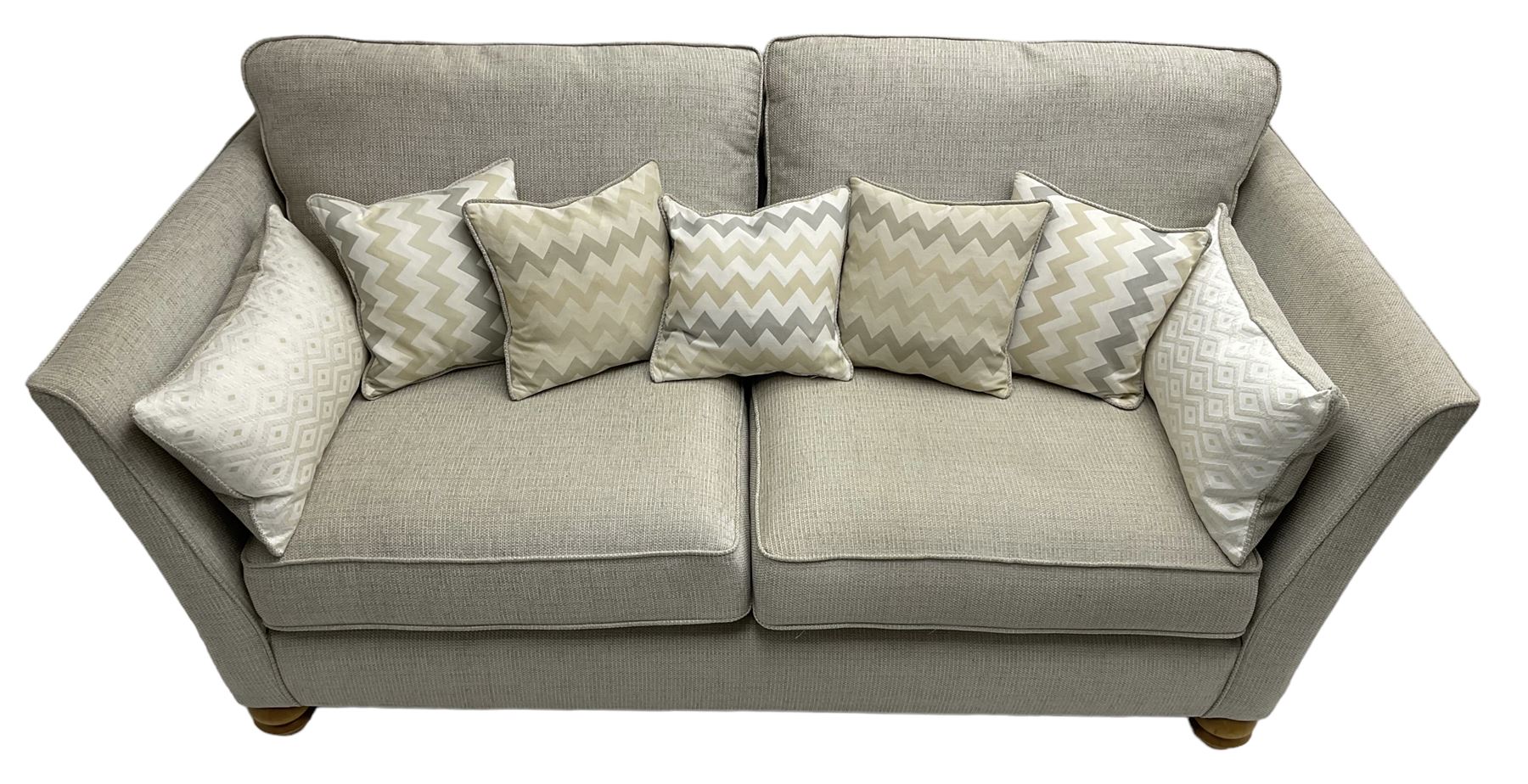 Oak Furnitureland - three-piece lounge suite upholstered in grey fabric, large three-seat sofa (W238cm, D106cm), two-seat sofa (W209cm), and snuggler sofa (W129cm)