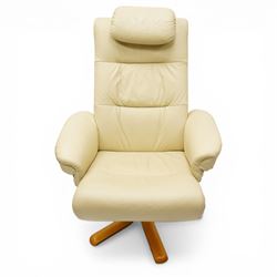 Modern cream leather swivel recliner, with cable operated switch to recline, raised on light bentwood frame
