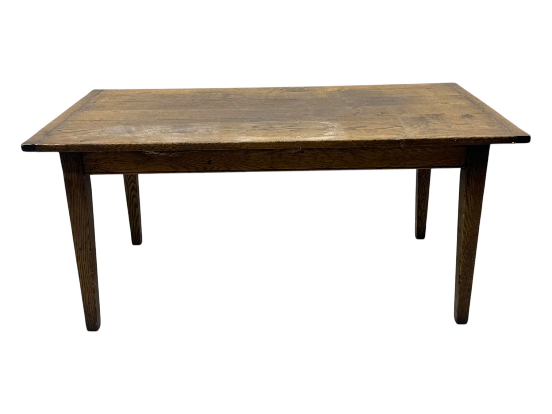 Late 20th century oak farmhouse table, rectangular plank top with breadboard ends and frieze drawer, on square tapered supports