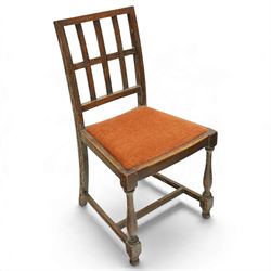 Arts & Crafts limed oak extending dining table, the rectangular draw-leaf top with integral leaf, raised on four turned supports united by H-stretcher; with set four matching lattice-back chairs on turned front-supports (W47cm H89cm)