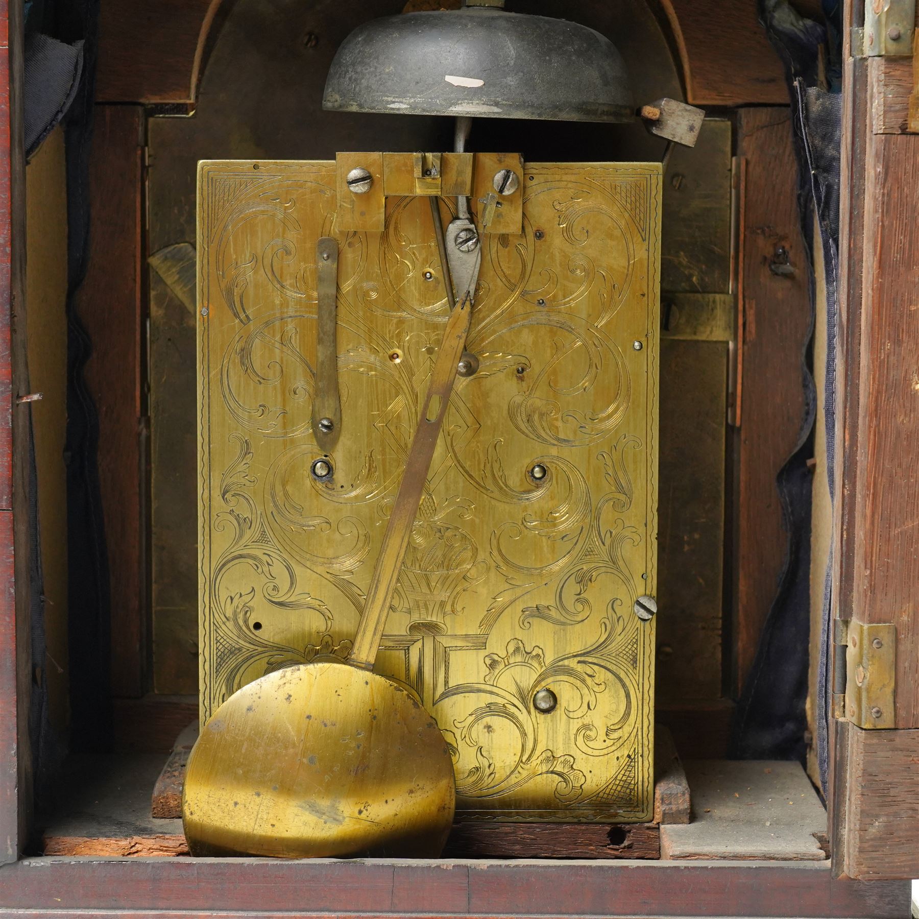 18th century twin fusee bracket clock with recoil anchor escapement the steel and brass dial inscribed Joseph Lake, London with strike silent ring and ormolu spandrels, engraved back plate in caddy top walnut case H47cm