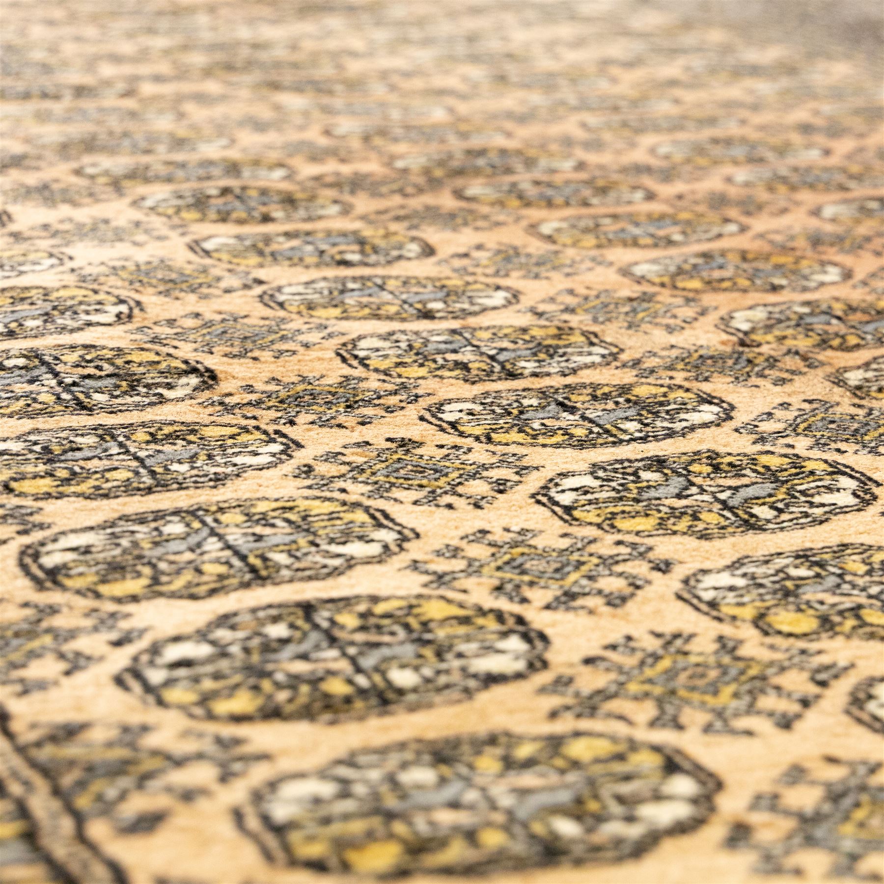 Bokhara rug, rose ground, with multiple rows of ivory and indigo guls enclosed by narrow geometric borders in tones of ivory, grey, and gold
