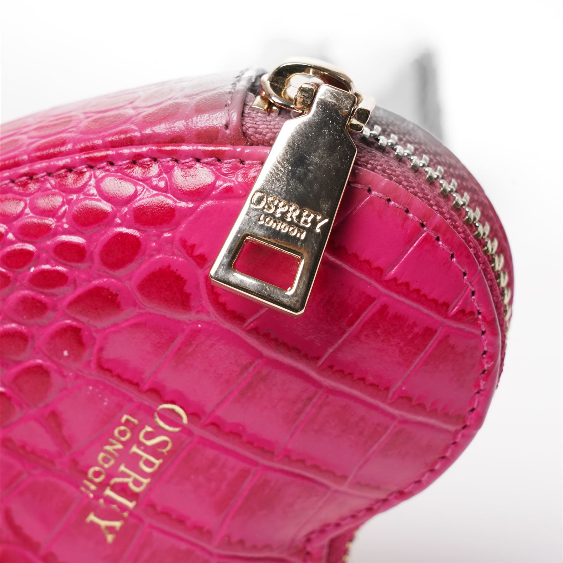 Osprey London - small heart-shaped coin zip purse, in pink mock-crocodile embossed leather, with gold-tone hardware