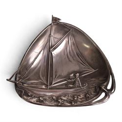 WMF Jugendstil Visiting card tray, No.264, decorated with a sailboat, H18cm, W21cm