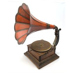 A wind up gramophone with red painted tin plate horn, upon a mahogany base, overall H71cm.