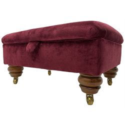 Duresta - traditional shape armchair upholstered in burgundy red velvet, on square tapering front supports (W88cm, H85cm, D103cm); together with a matching rectangular footstool with hinged seat, on turned feet with brass castors (73cm x 54cm, H38cm)