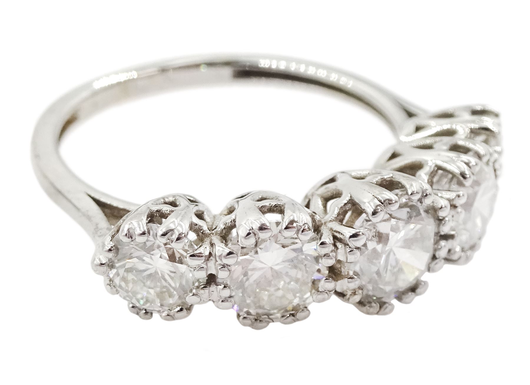 18ct white gold graduating five stone round brilliant cut diamond ring, total diamond weight 2.79 carat, with World Gemological Institute report