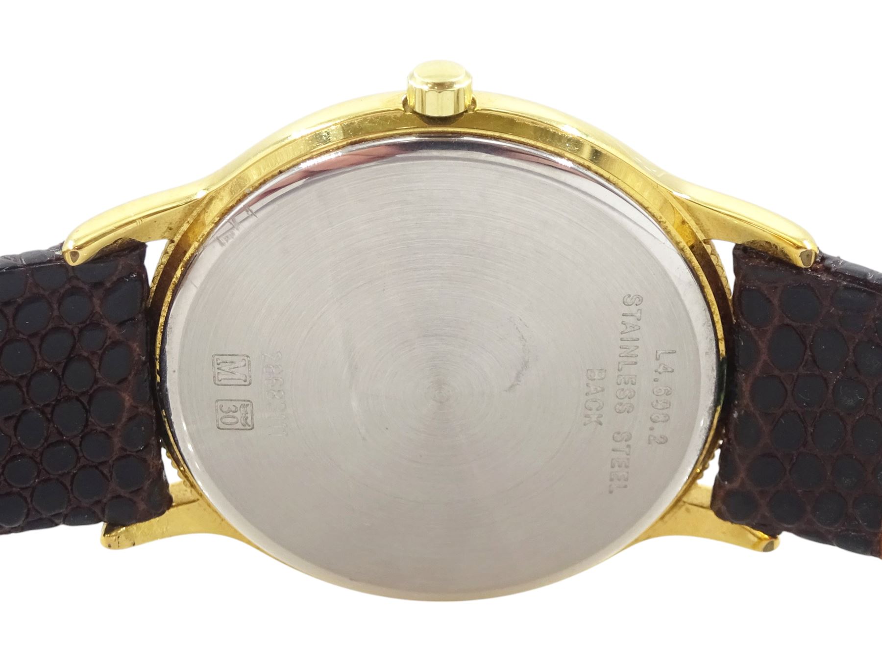 Longines gentleman's gold-plated and stainless steel quartz wristwatch, Ref. L4.698.2, on brown leather strap with original buckle, boxed