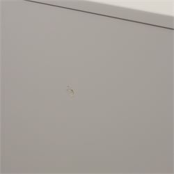 Made.com - 'Ebro' grey four drawer chest, gold painted metal shaped handles, rounded corners with fluted detail, raised on gold painted metal tapered supports