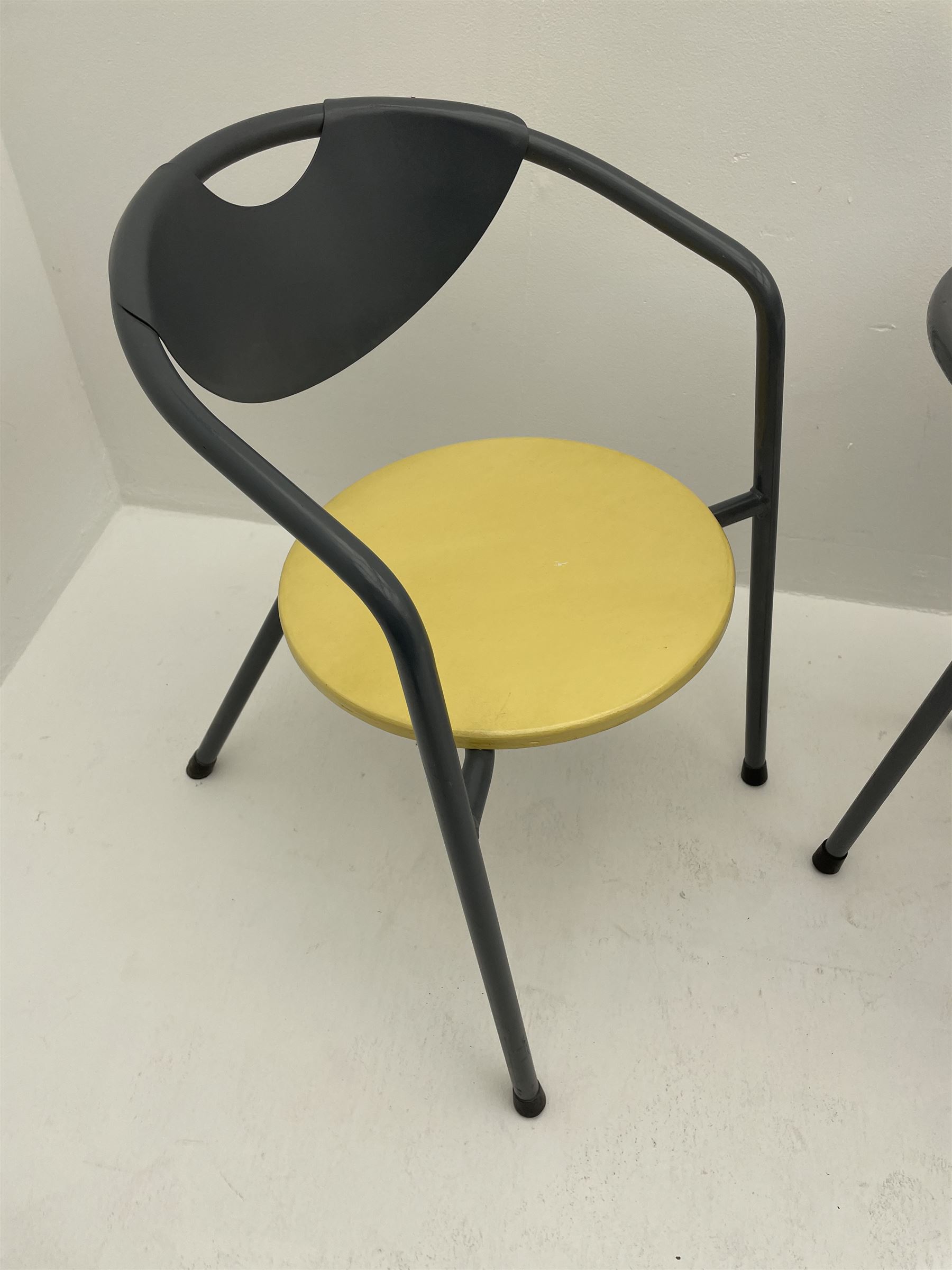 Grey painted metal and pale yellow painted wood bistro set, table with under tier, small side table, armchair 