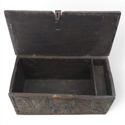18th century small oak box with carved front, iron strap latch and hinges, fitted candlebox