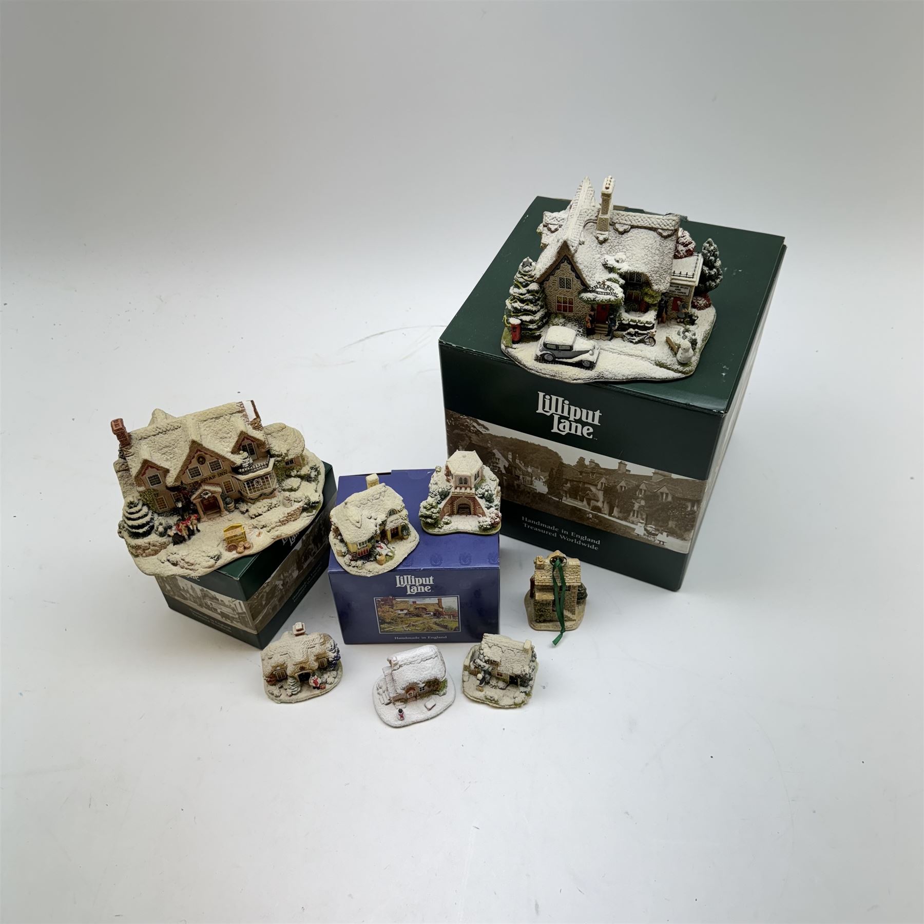 Eight Lilliput Lane Christmas models, comprising Letter to Santa, The Star Inn, Ice to Meet You, Snowflake, Frosty Fun, Winter Warmer, Winter at Eagle House Folly and Christmas decoration Great Expectaions, all boxed 