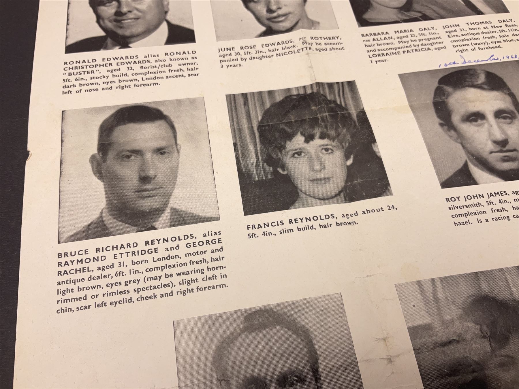 Great Train Robbery; Metropolitan Police printed poster, 'The Assistance of the public is sought to trace the whereabouts of the after described persons .....', printed by Wavell Press Ltd, 1963
Provenance by vendor repute: The poster was given to the vendor in 1985 by a colleague who was previously a detective sergeant of the Metropolitan Police, who had as a junior officer and worked on the case  of the Great Train Robbery. The hand written dates they were written on the poster when they were arrested   