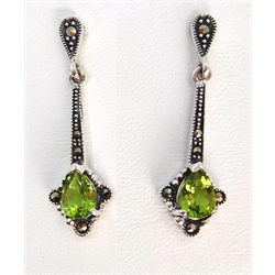  Pair of peridot and marcasite silver drop ear-rings stamped 925  