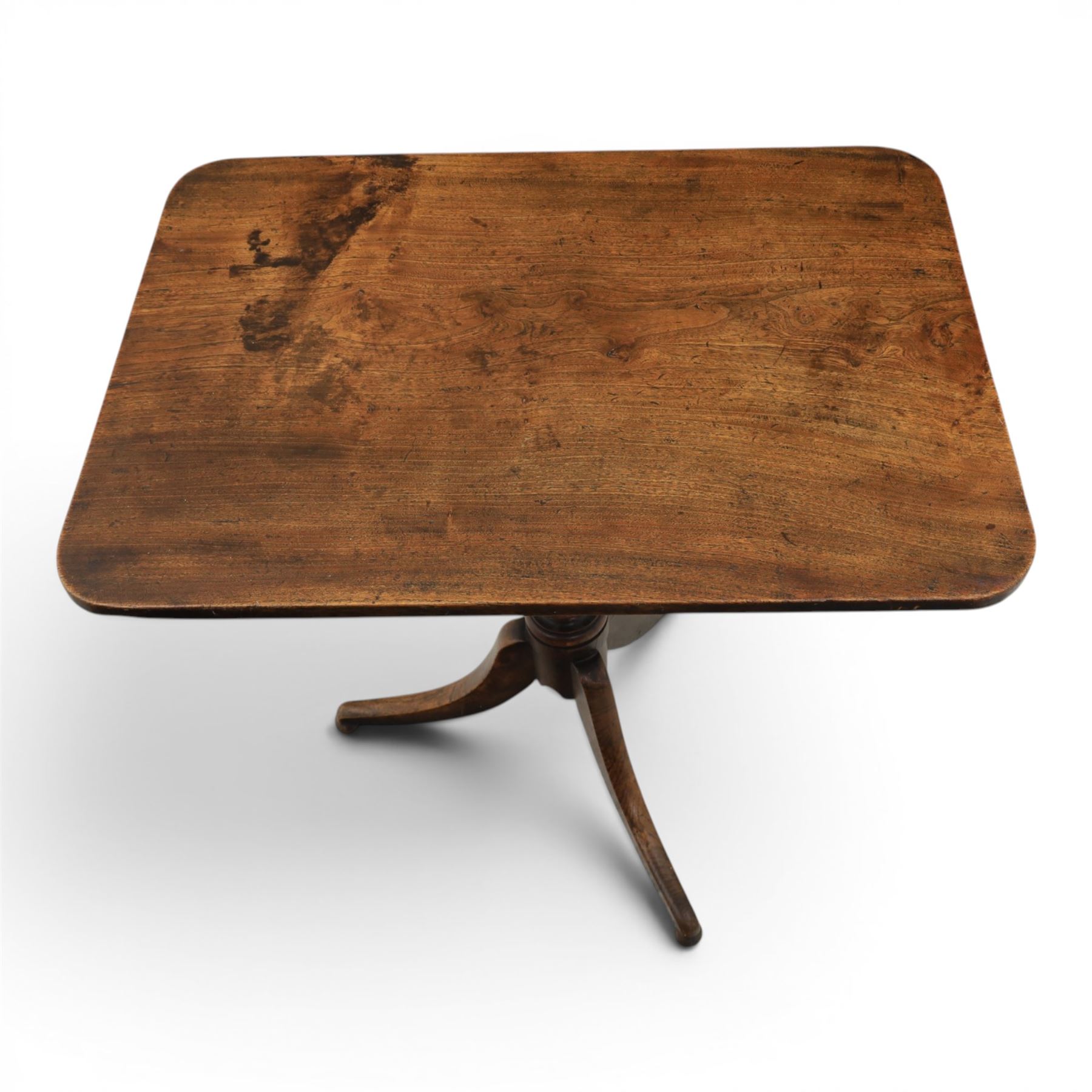 George III mahogany tripod table, rectangular tilt top, raised on a turned column, on splayed supports