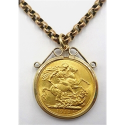 1912 gold sovereign in 9ct gold loose mount hallmarked, on rose gold cable chain necklace (tested 9ct), approx 21.9gm gross  