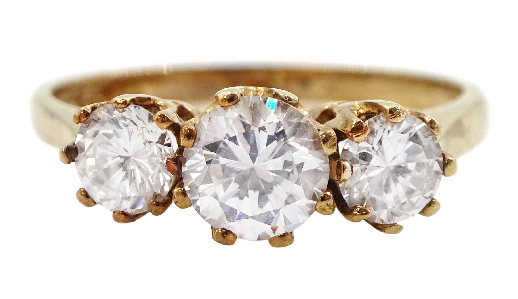 9ct gold three stone cubic zirconia ring, hallmarked