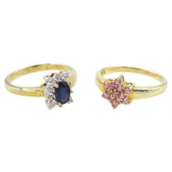 Gold oval cut blue and round cut white sapphire cluster ring and a gold pink sapphire clus...