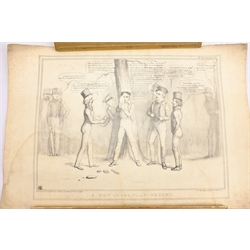 Collection of mostly 19th century engravings and lithographs including 'A Row in the Play Ground' after John 'HB' Doyle, 'St Edmund's Hall' Oxford after Pugin, 'Sandsend', 'King's Chapel', an etching of Richmond by Margaret Rudge and a print after Heath Robinson, max 28cm x 36cm (9) (some unframed)