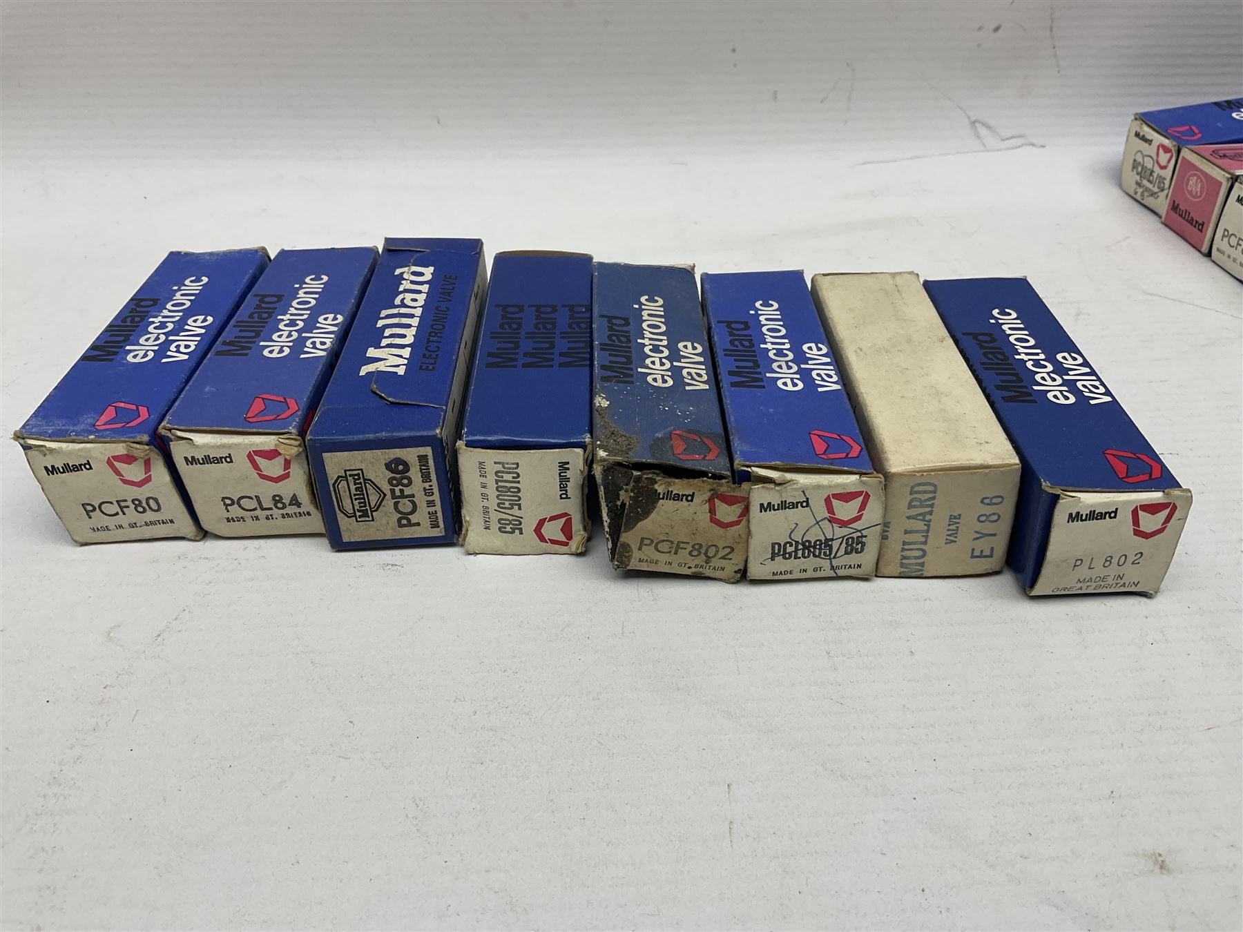 Collection of Mullard thermionic radio valves/vacuum tubes, including PCC189, PCL805/85, DY802, PCL86, PFL200, etc approximately 60 as per list, all boxed