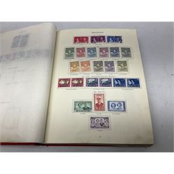 Single album collection of King George VI stamps, including Aden, Antigua, Ascension, Australia, Bahamas, Bahrain, Barbados, Basutoland, Bechuanaland, Bermuda, British Solomon Islands, Brunei, Burma, Cayman Islands, Dominica, Falkland Islands, Gambia, Gilbert and Ellice Islands, Gold Coast, Great Britain 1939-48 set to one pound including ten shilling dark blue, Grenada, Hong Kong, India, Ireland, Jamaica, Leeward Islands, Malta, Mauritius, New Zealand etc