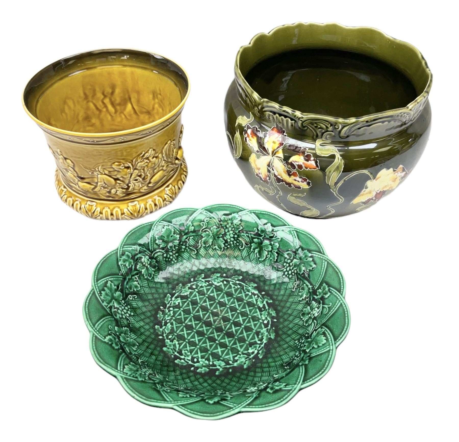 Wedgwood majolica comport, moulded with basket weave and foliage decoration, together with Imperial & Bonn and Sylvac jardinières, sylvac H18cm