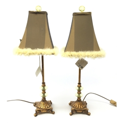  Pair contemporary gilded table lamps with feather trim shades by Peralta, as new with tags, H72cm (continental plugs)  