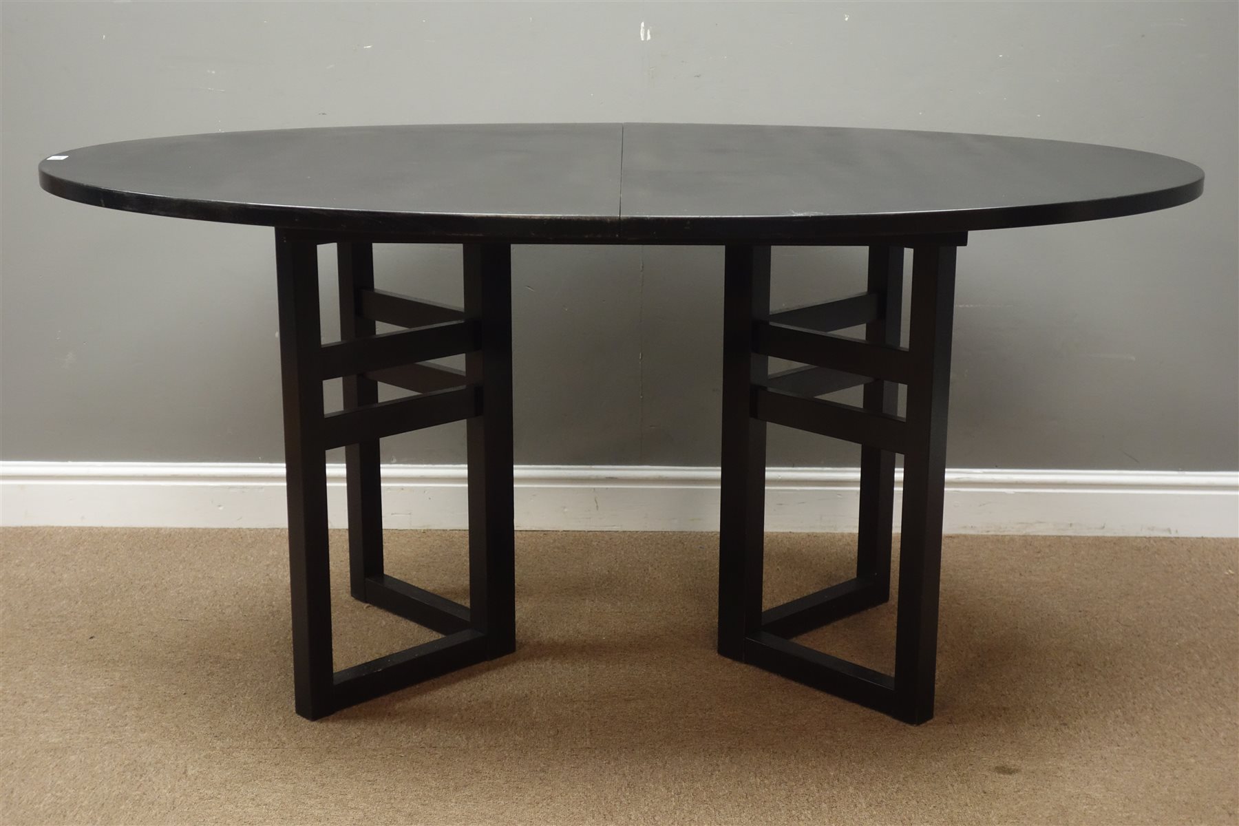 20th century Danish black finish ash dining table, oval extending table