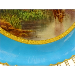  Late Victorian Minton reticulated cabinet plate hand painted cattle drinking from a river titled 'Rest at Eve' after A J. Tennant, by James Rouse, within a turquoise and gilt border, signed J. Rouse, c1880, D23.5cm. Provenance Property of Bob Heath, Brandesburton Formerly of Ravenfield Hall Farm near Rotherham  