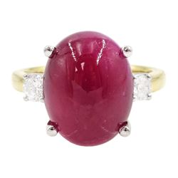 18ct gold ruby and diamond three stone ring, oval cabochon cut ruby of approx 11.40 carat,...