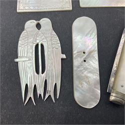 Two silver fruit knives with mother of pearl handles, hallmarked, mother of pearl tokens and similar items 