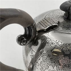 Late Victorian silver bachelors three piece tea service, comprising bullet shaped teapot, open sucrier and milk jug, each engraved with monogram surrounded by birds upon and amidst a blossoming vine, the teapot with scroll capped curved wooden handle and wooden finial to cover, hallmarked Wakely & Wheeler, London 1890, teapot including handle H12cm, sucrier H5.5cm 