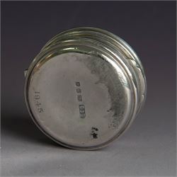Late Victorian silver jar with cover, of cylindrical form with  domed cover engraved with initials, hallmarked Charles & George Asprey, together with a small ecclesiastical trinket box, engraved with cross to cover and with personal engraving beneath, hallmarked Edgar Ernest Davis, London 1944, taller jar H6cm
