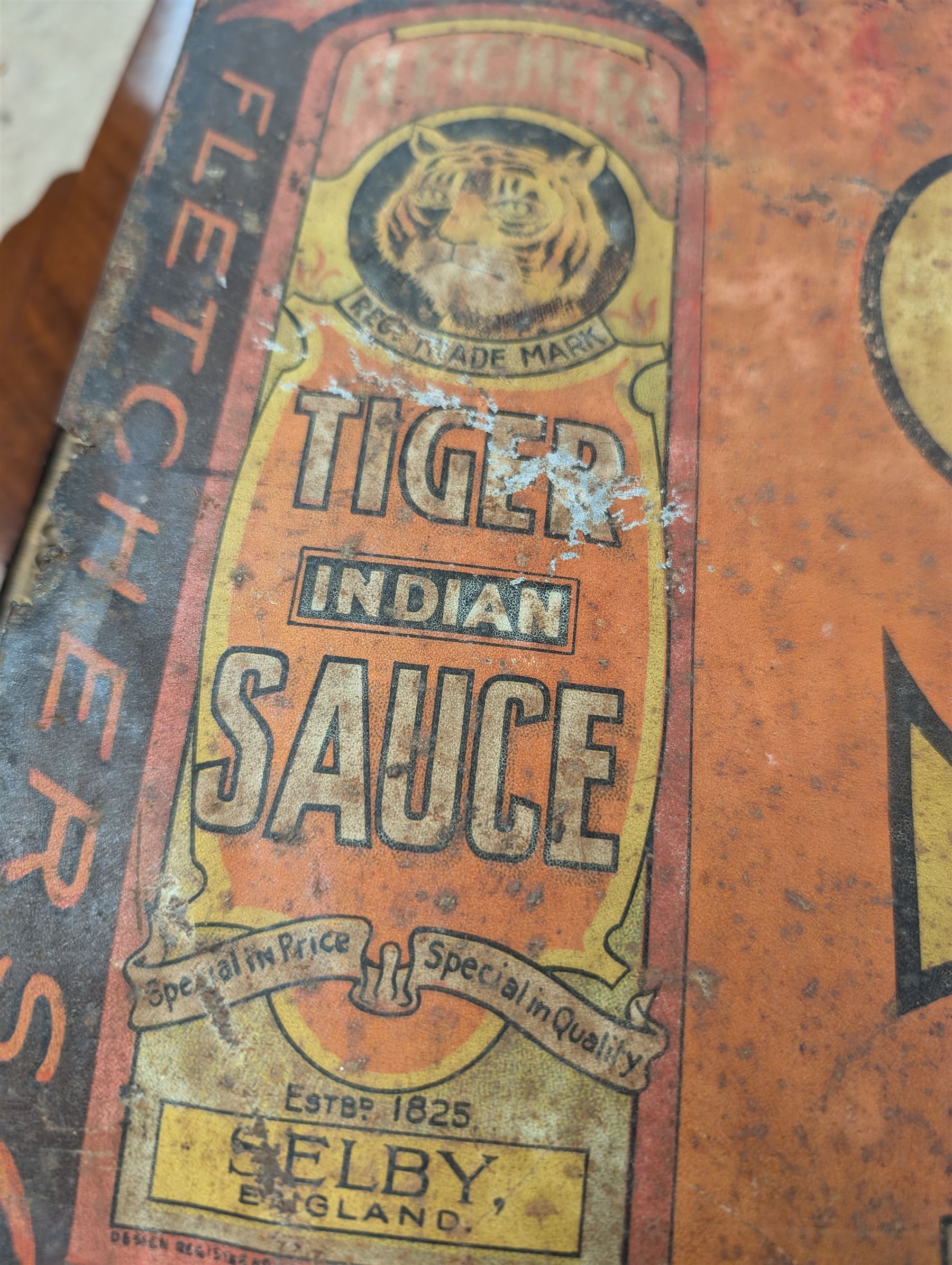 Large metal advertising sign, Fletcher's Tiger & Tomato Sauces, H51cm, W72cm
