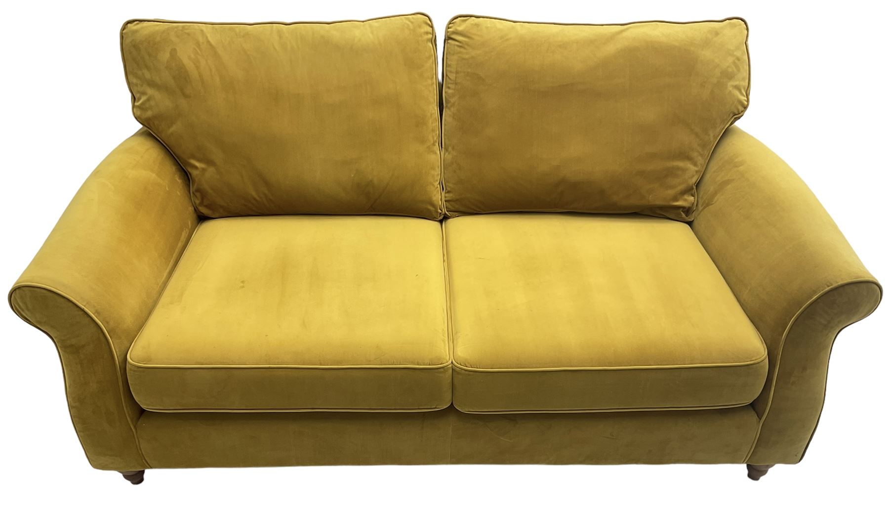 Next Furniture - traditional shaped three-seat sofa, upholstered in mustard velvet, rolled arms with pipping, on turned front feet