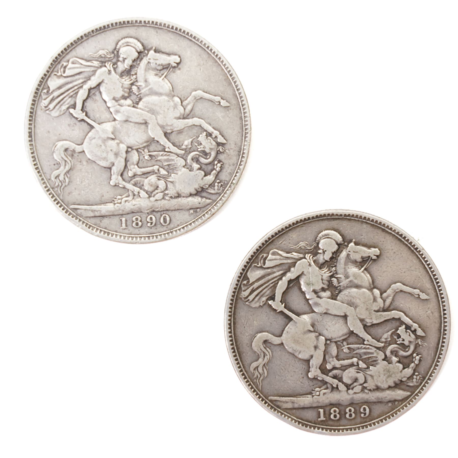 Two Queen Victoria silver one crown coins, 1889 and 1890, George III 1817 silver half crown, King George V 1935 silver half crown, and seven further coins