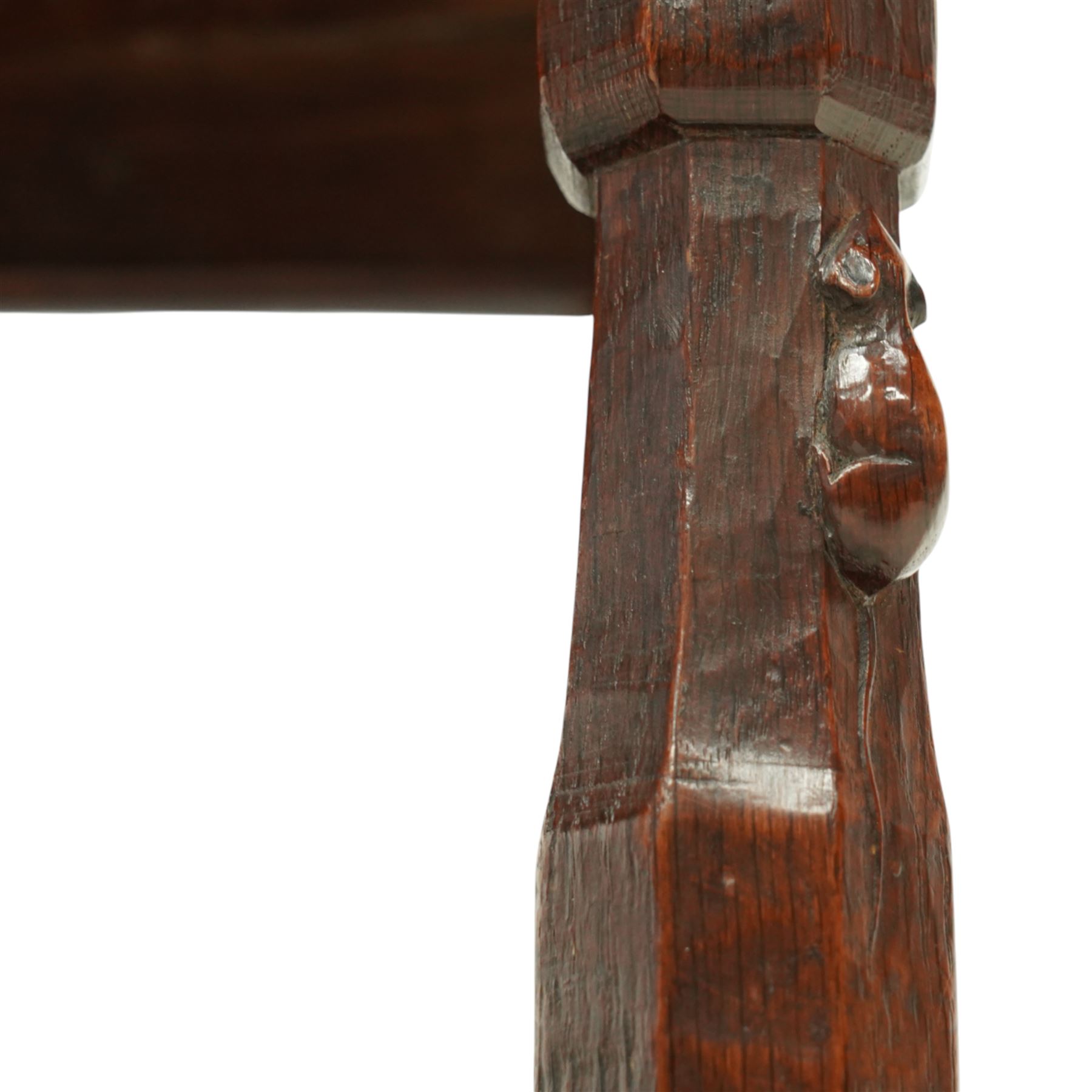 Mouseman - 1930s adzed oak joint stool, dished figured burr oak seat, on shaped octagonal supports joined by stretchers, carved with mouse signature, by Robert Thompson of Kilburn