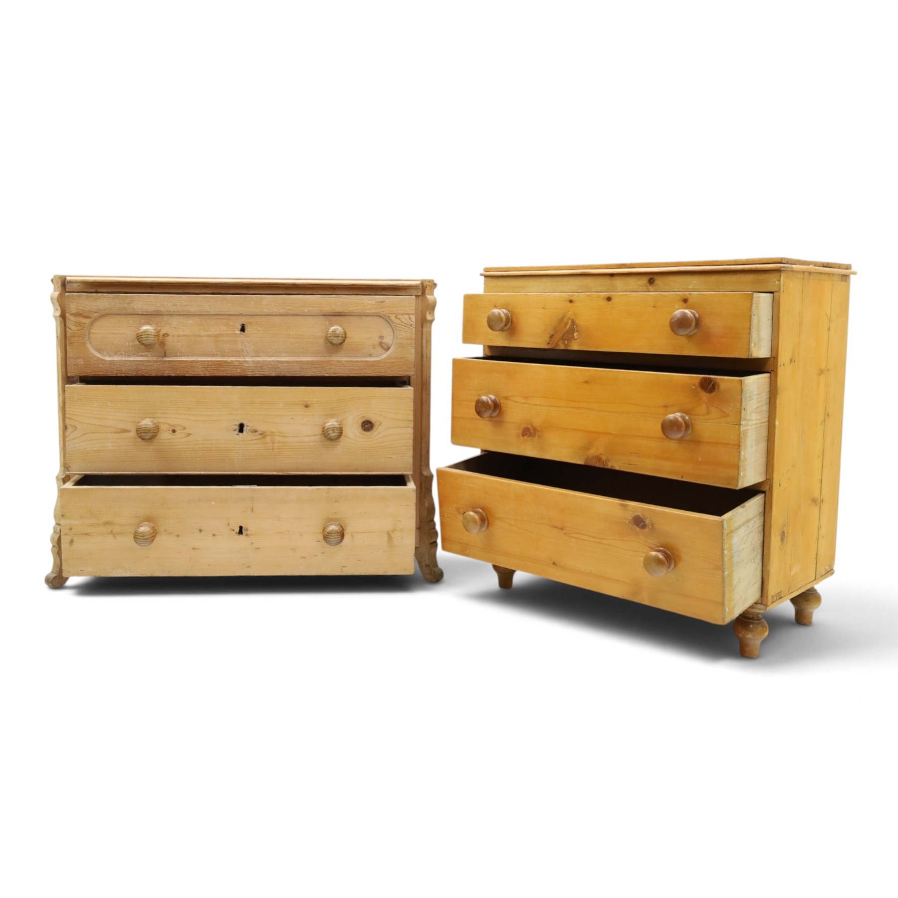 Two pine chests, comprising Victorian pine chest fitted with three  drawers with turned handles, shaped uprights extending to bracket feet, (H 83cm, W 77cm, D 41cm) and Continental pine chest fitted with three drawers with turned handles, on turned feet (H 81cm, W 100cm, D 51cm)