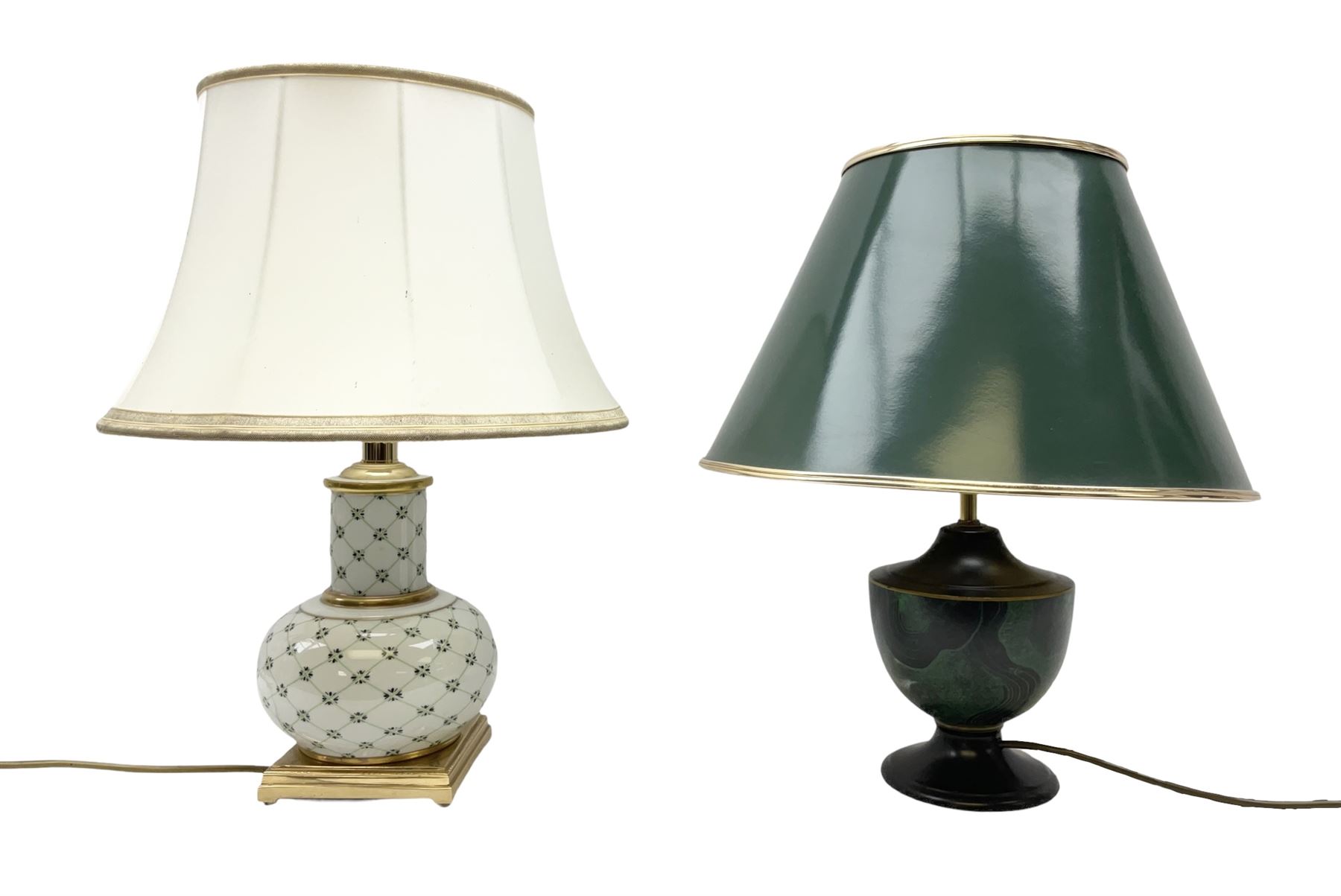 Italian ceramic table lamp decorated with geometric green and black pattern on white ground with gilt metal square plinth base, together with a green and black marbled effect lamp by Holkham pottery, both with shades, tallest H47 incl shade