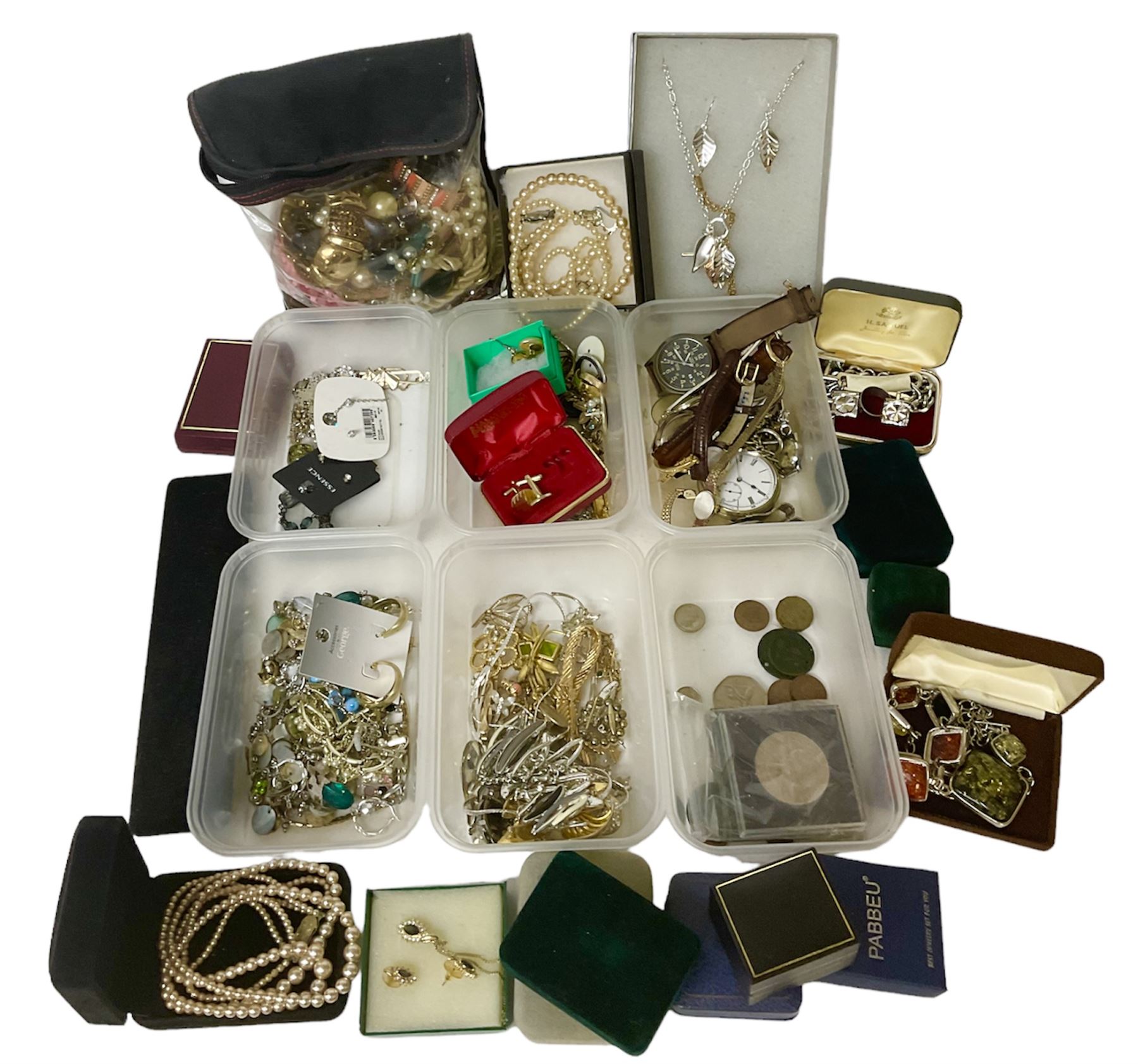 Collection of costume jewellery, including earrings, beaded necklaces, bracelets, wristwatches and boxes 