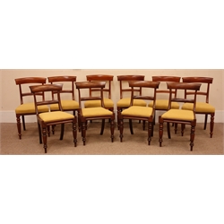  Ten 19th century mahogany dining chairs, shaped cresting rail, seat upholstered in a gold fabric, turned tapering supports, W47cm  