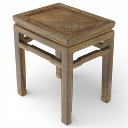 Chinese caned top occasional table, square top inset with a woven cane panel within a moul...
